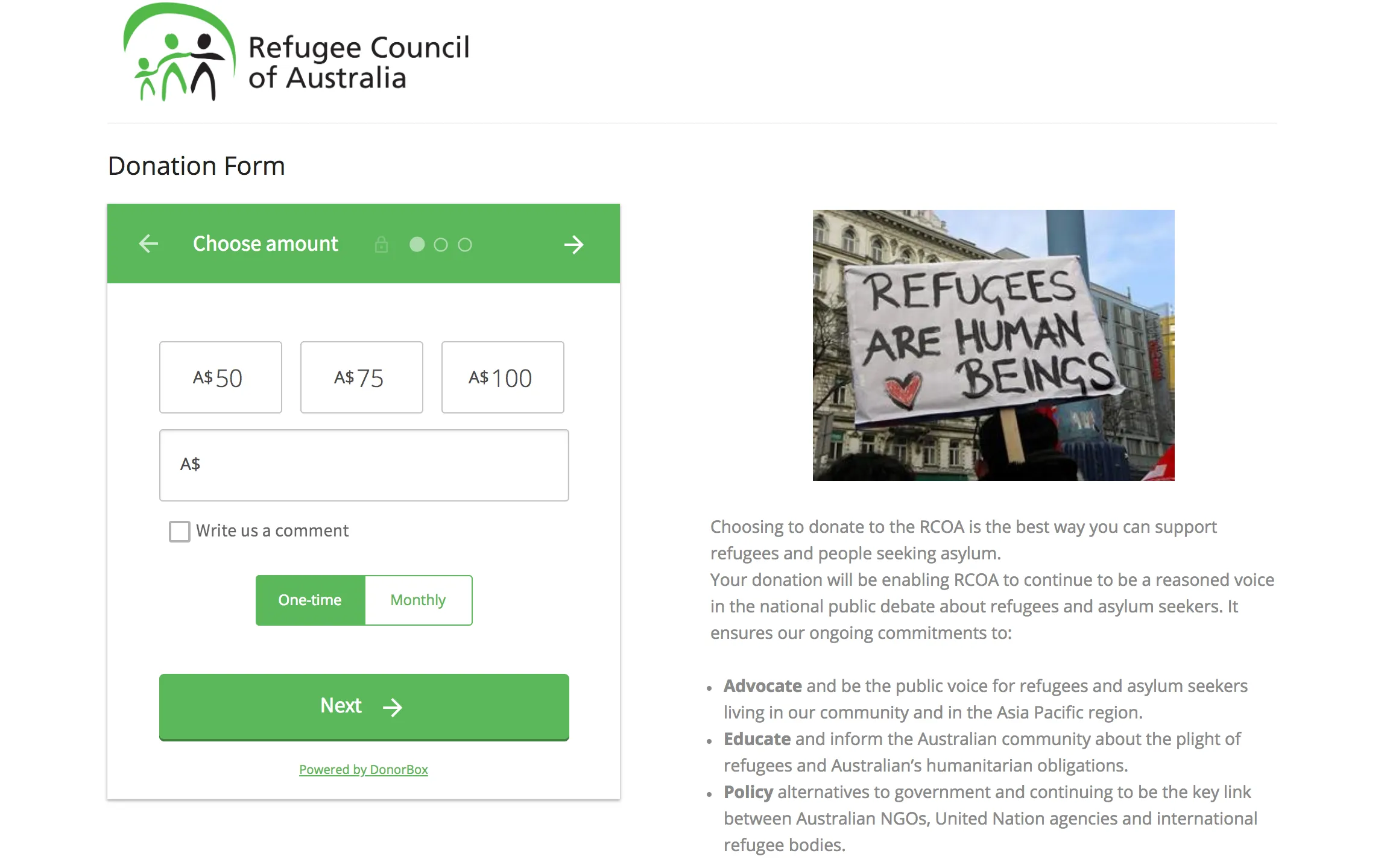 A Donorbox donation form embedded on a page