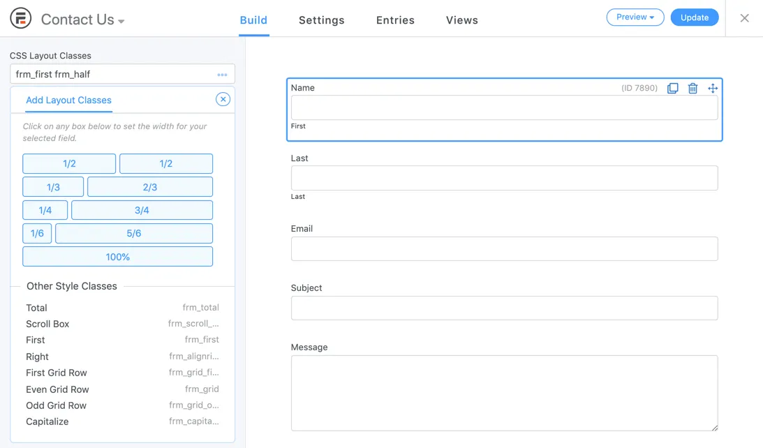 The Formidable Forms builder showing field options and layout classes