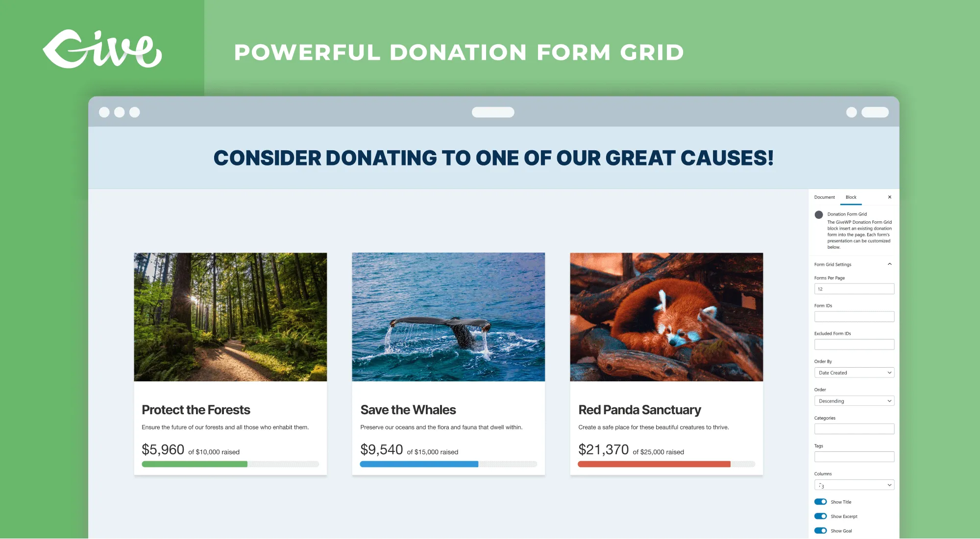 A GiveWP donation form grid displayed on a page