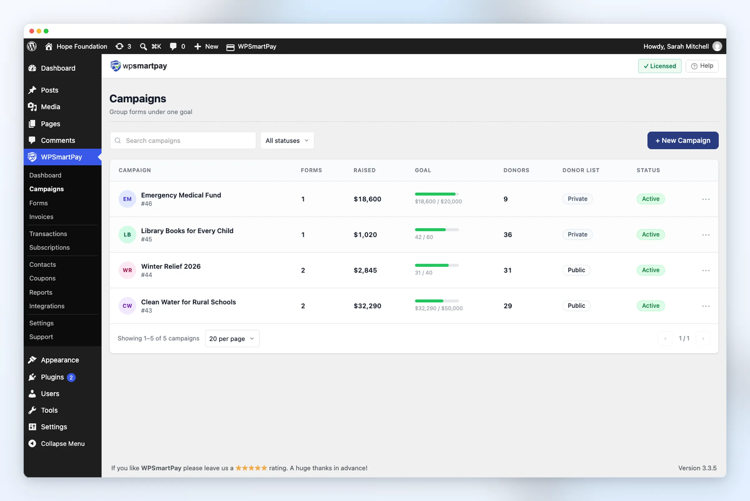 WPSmartPay Campaigns list showing goal progress and donor counts