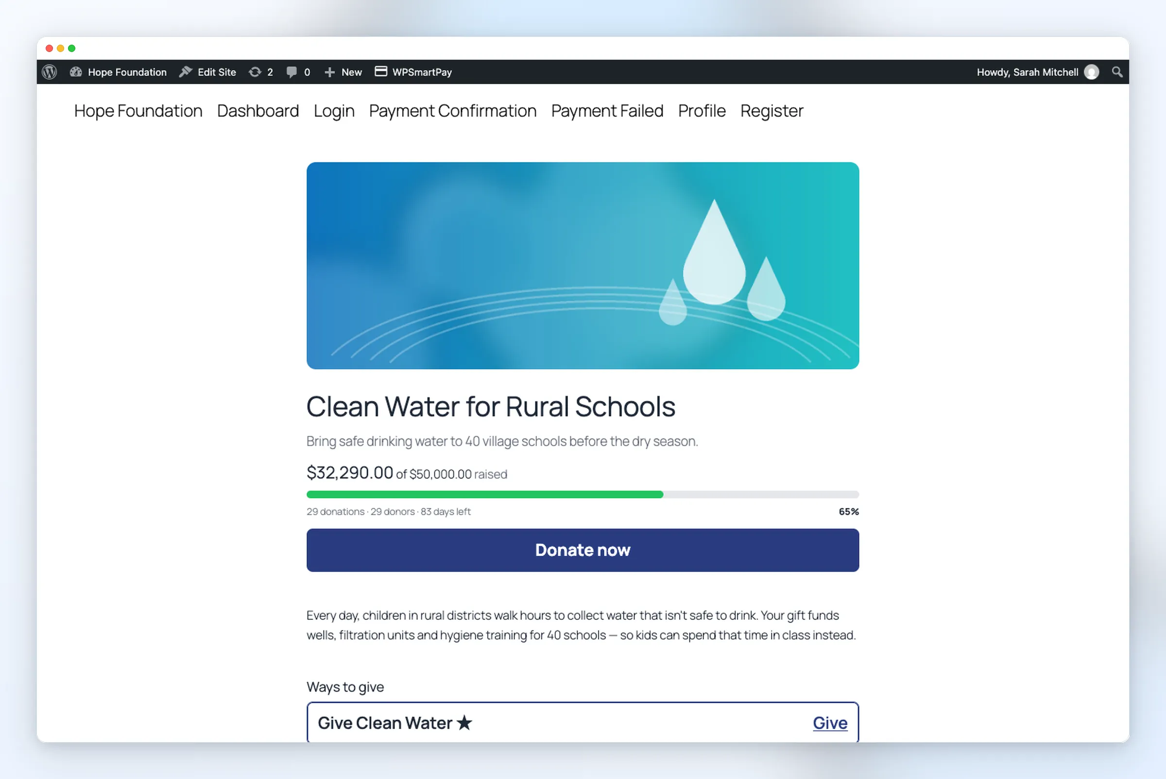 WPSmartPay public campaign page showing cover image, progress bar, and Donate now button