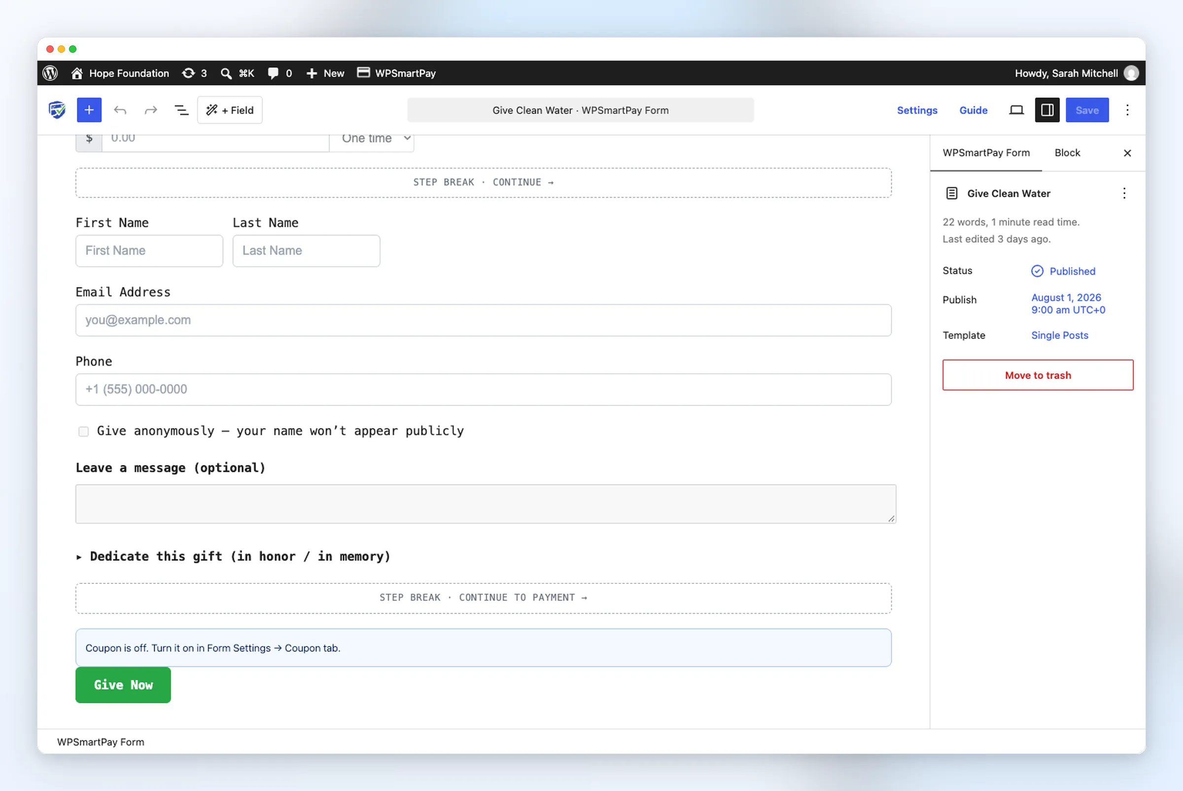 WPSmartPay form editor showing Give Anonymously, Donor Comment, and Tribute blocks