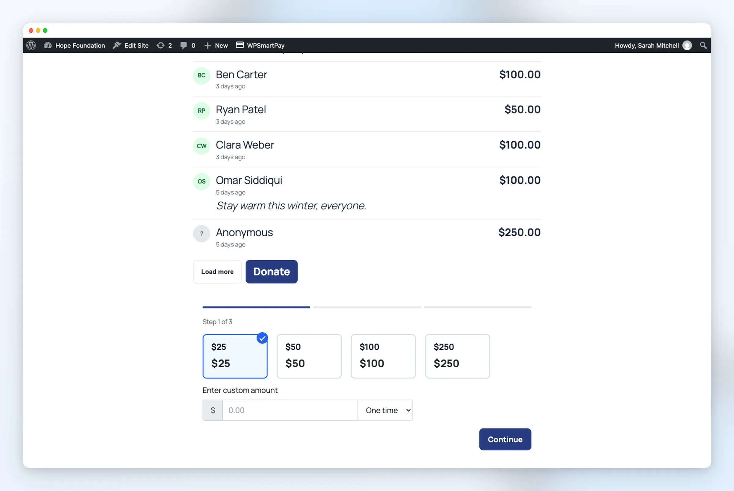 WPSmartPay donation form on campaign page showing custom amount and frequency selector