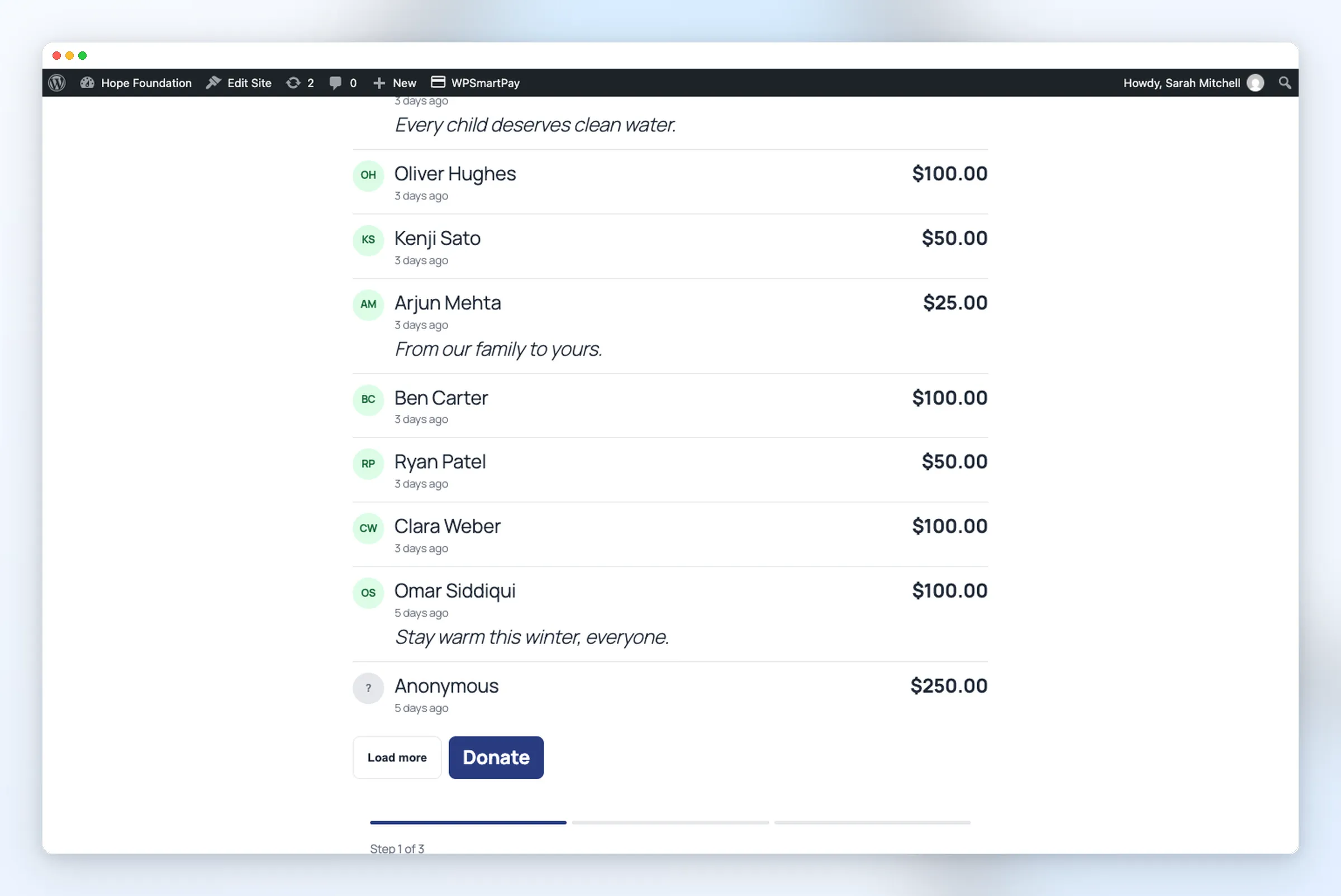 WPSmartPay public donor wall showing donor names, amounts, and comments