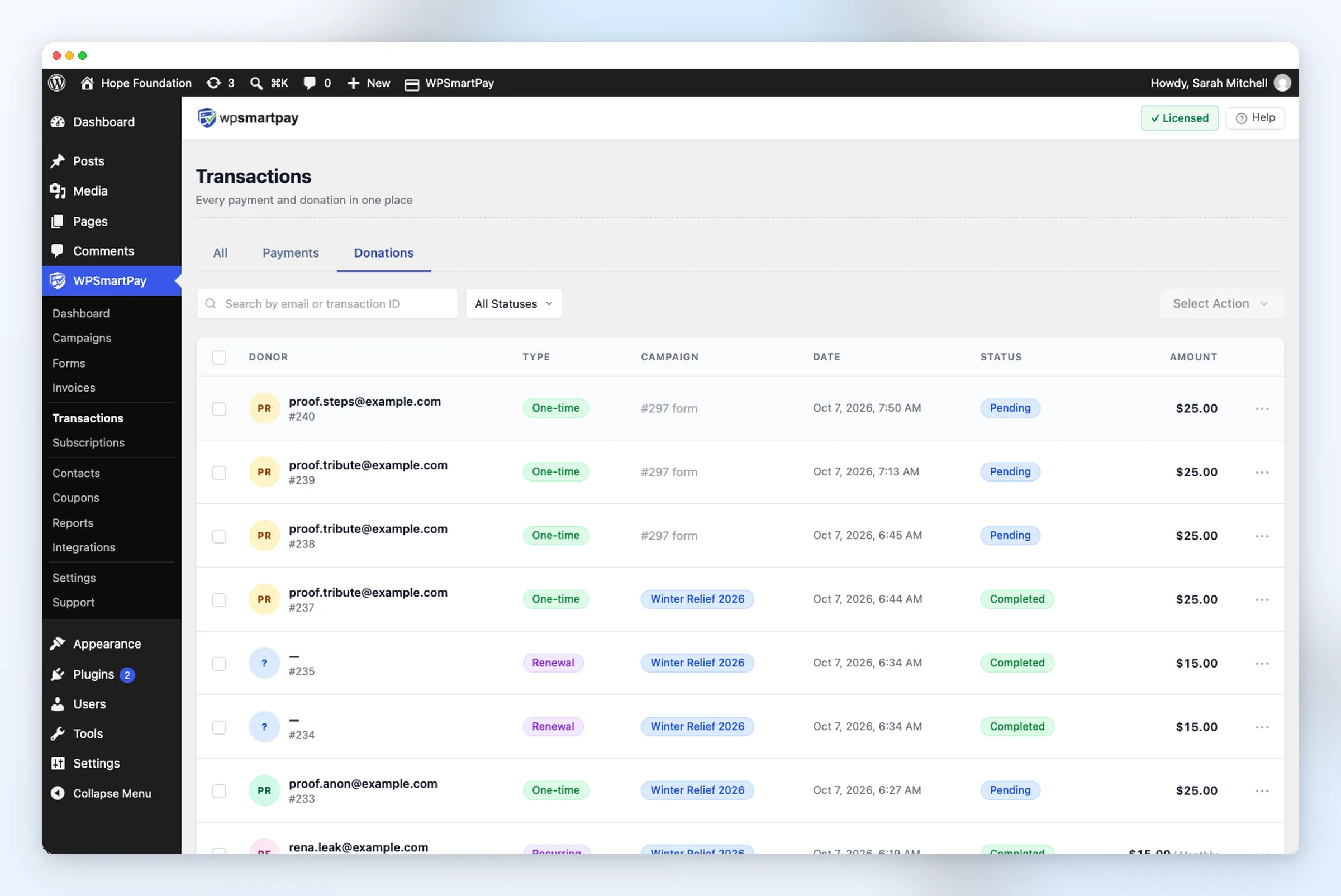 WPSmartPay Transactions list showing the dedicated Donations tab