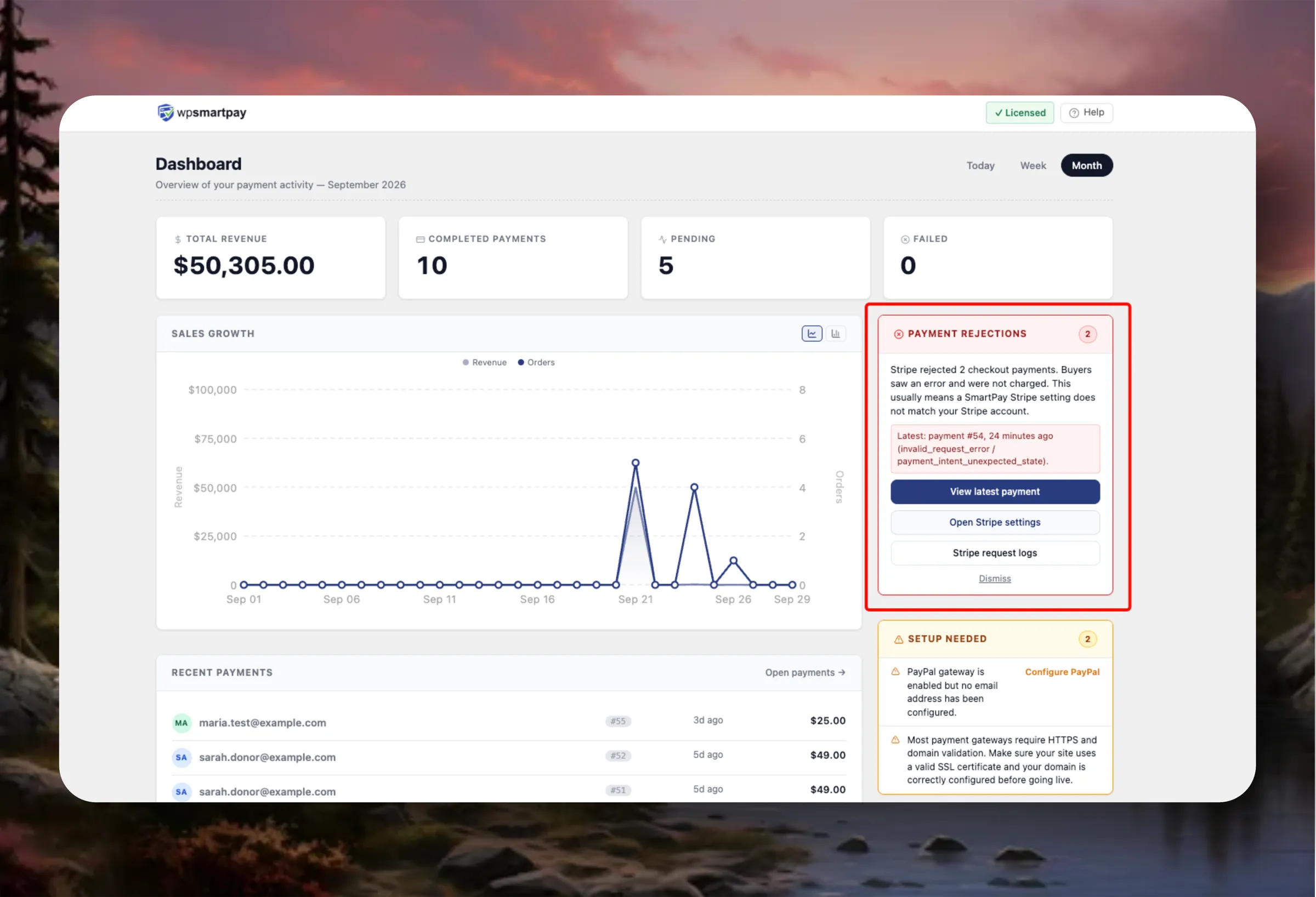 Owner alert (Dashboard notice + activity log) when Stripe rejects a payment confirm.