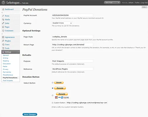 The Donations via PayPal admin setup page
