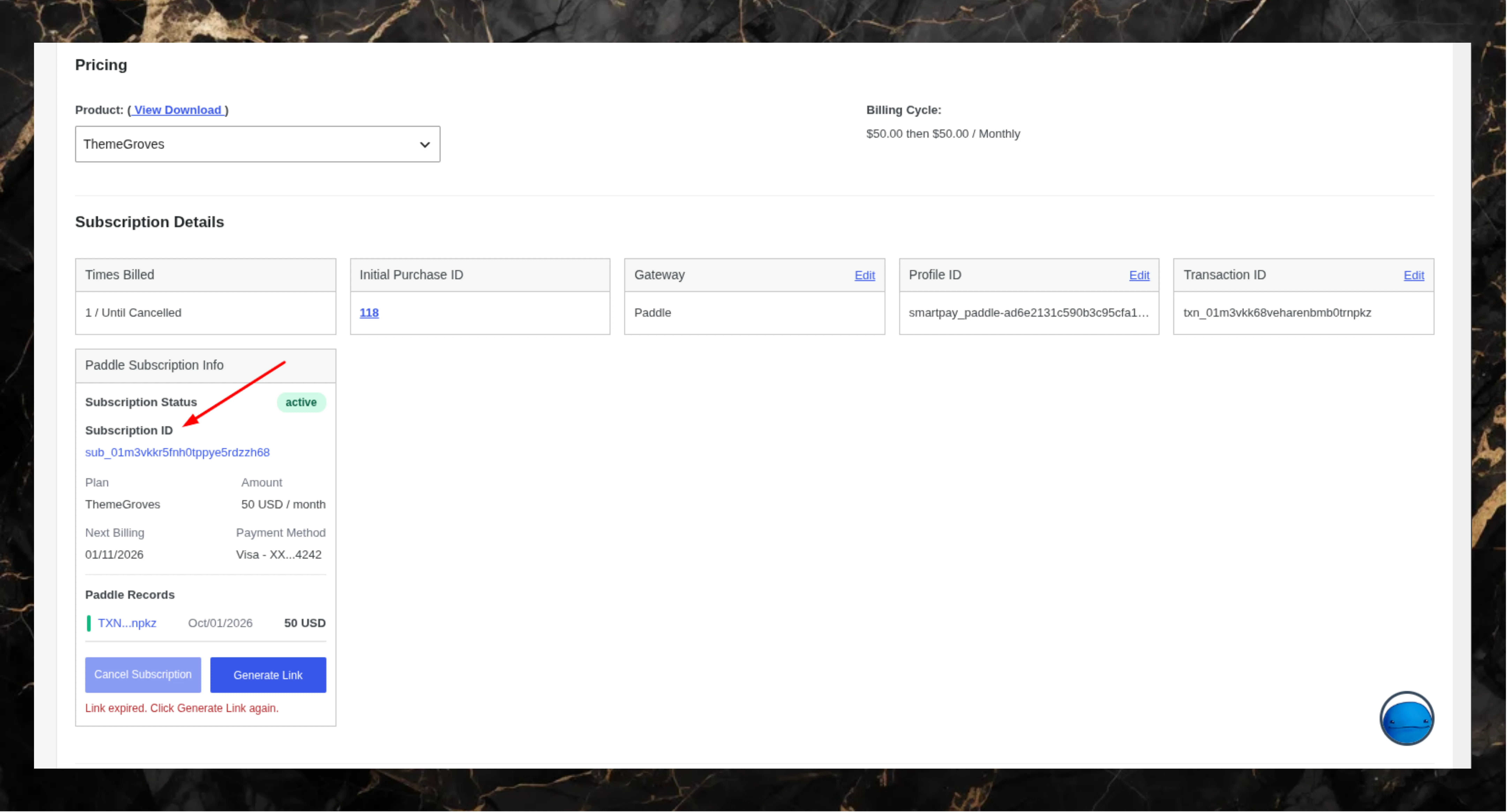 Paddle subscription details in EDD subscription details page