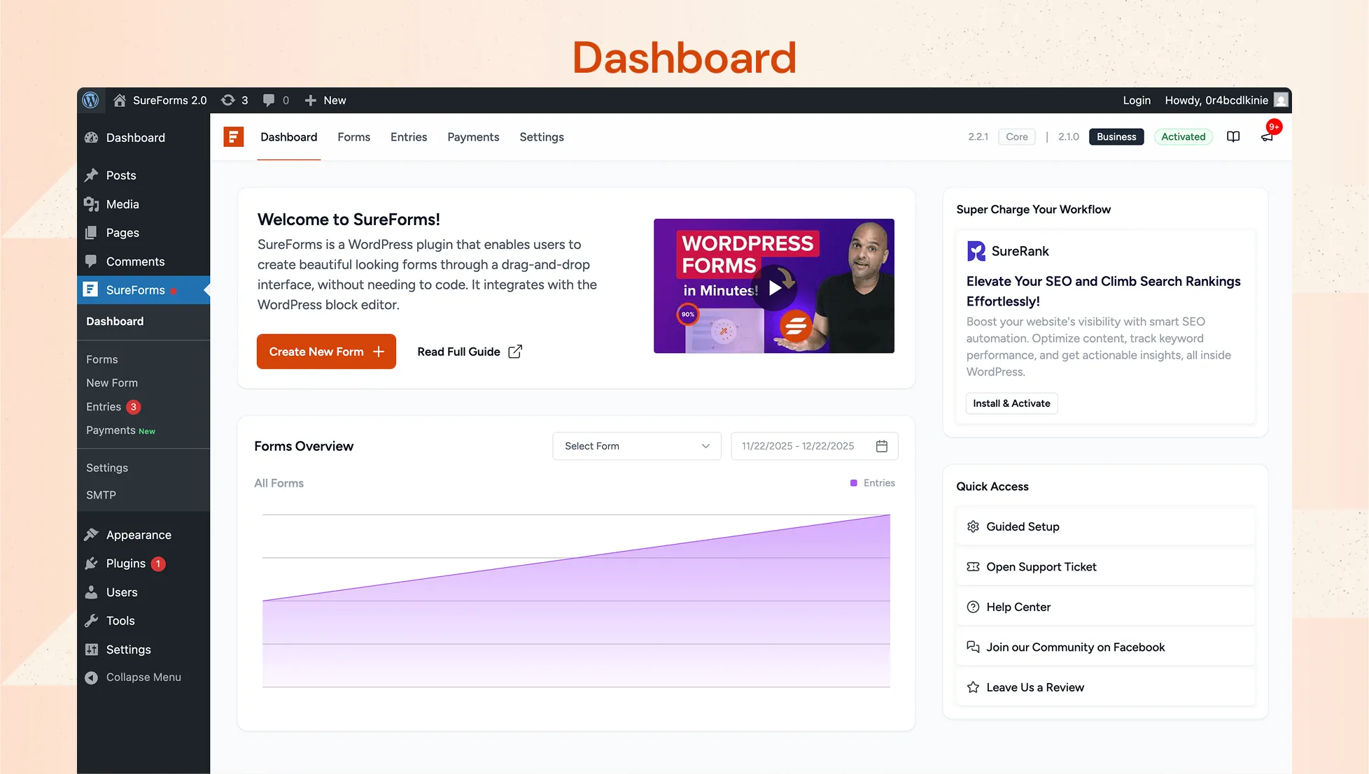 The SureForms dashboard for managing forms, entries, and reports