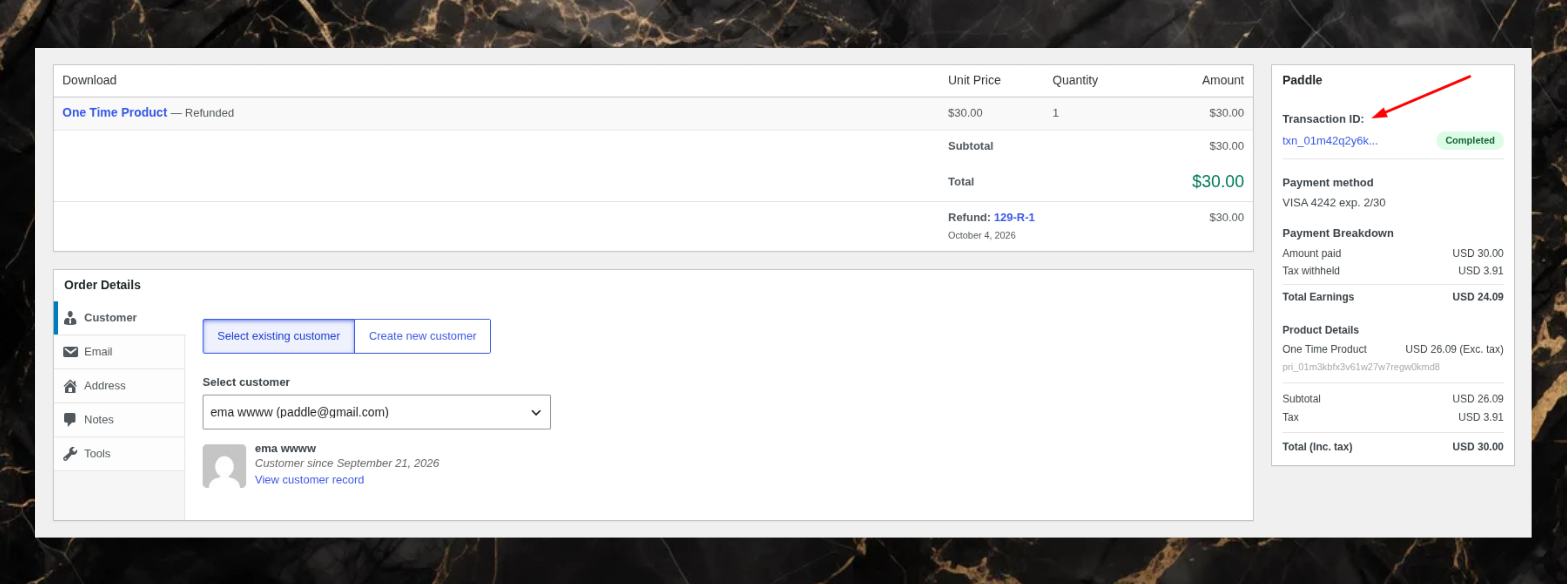Paddle transaction details in EDD order details page
