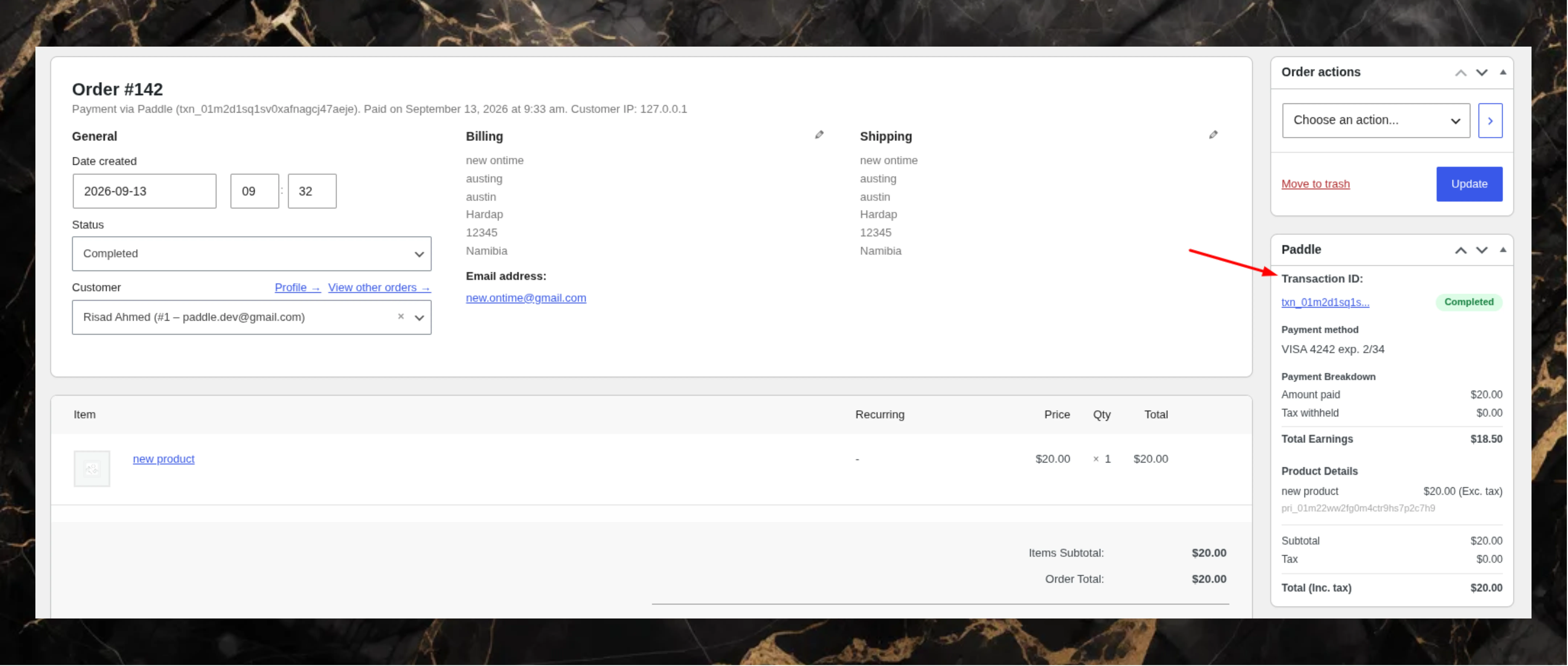 Paddle transaction details in WooCommerce order details
