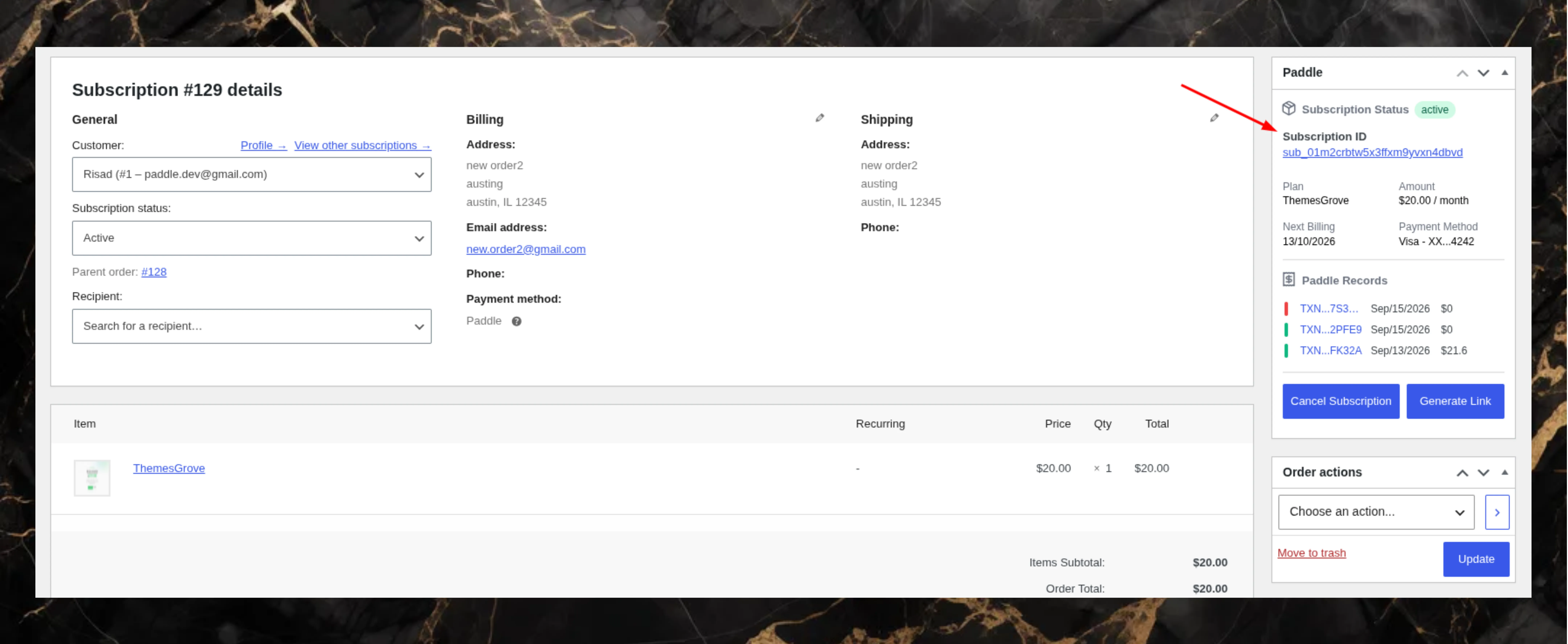 Paddle subscription details and cancel subscription option in WooSubscription and WPSubscription