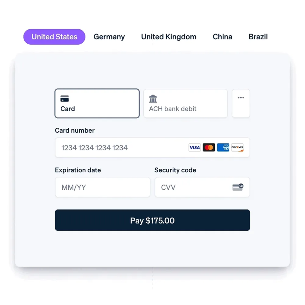 The enhanced Stripe checkout for WooCommerce showing payment methods across five countries