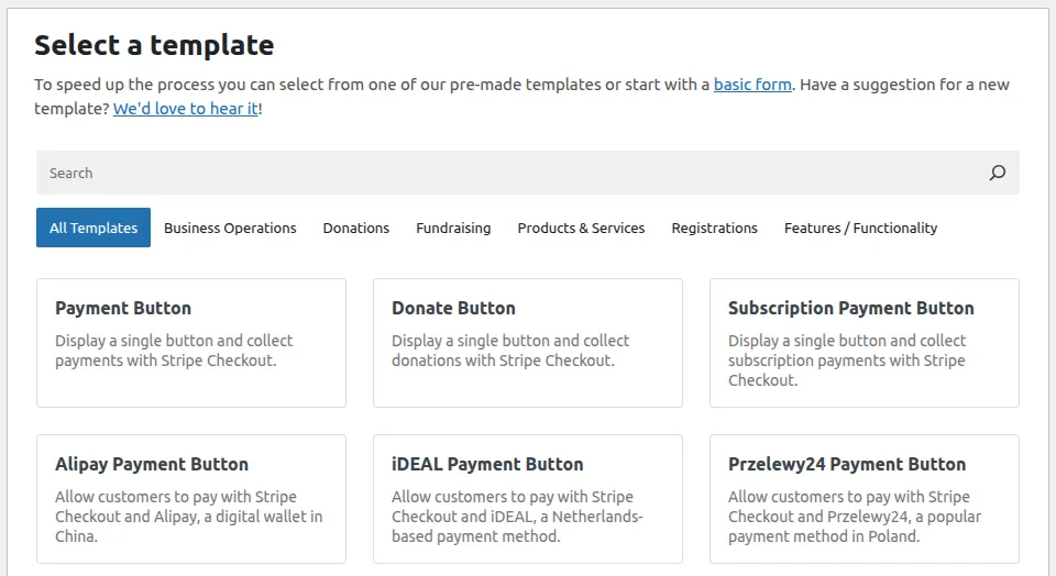 The WP Simple Pay payment form template selection screen