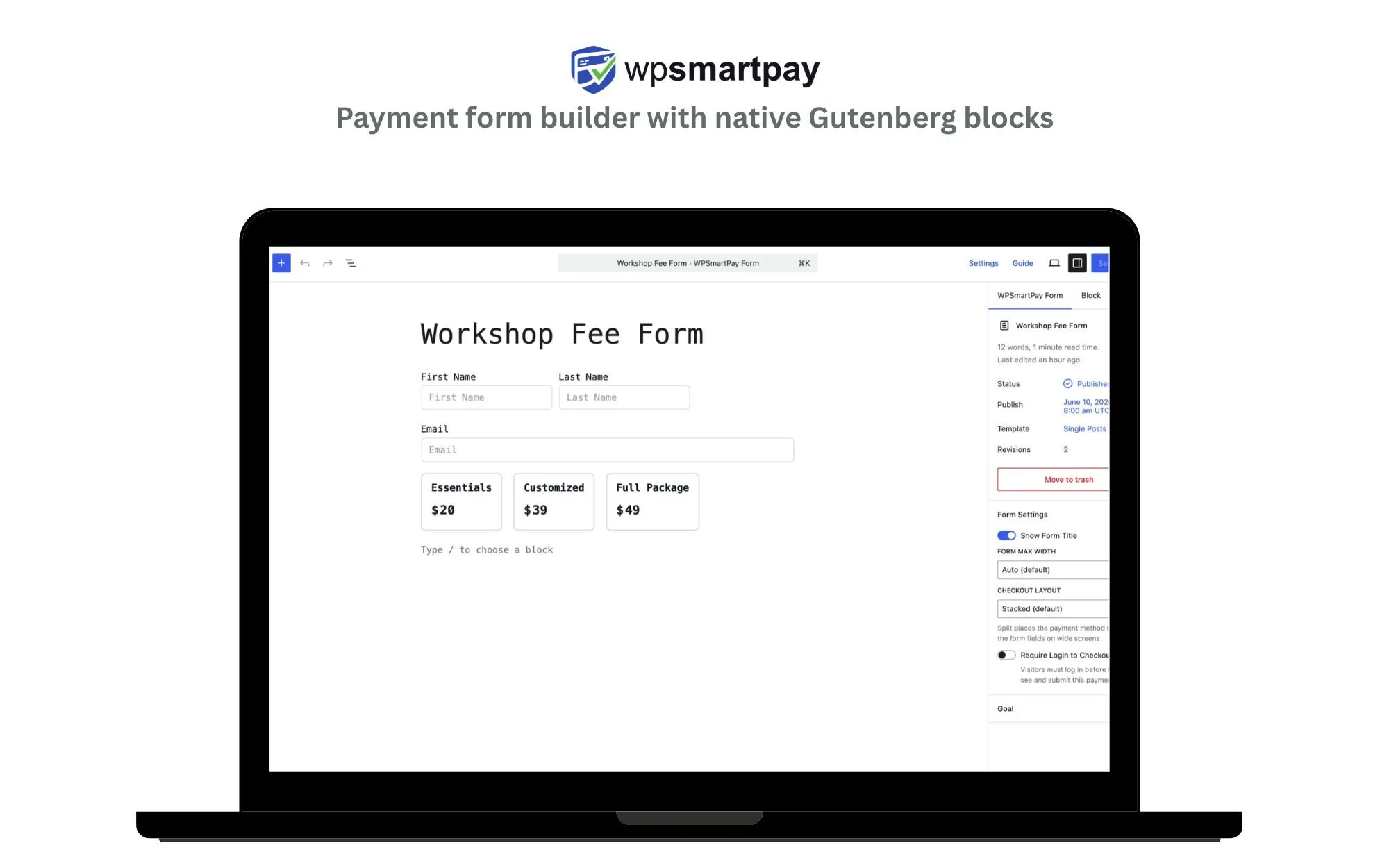The WP Smart Pay payment form builder with a checkout layout picker