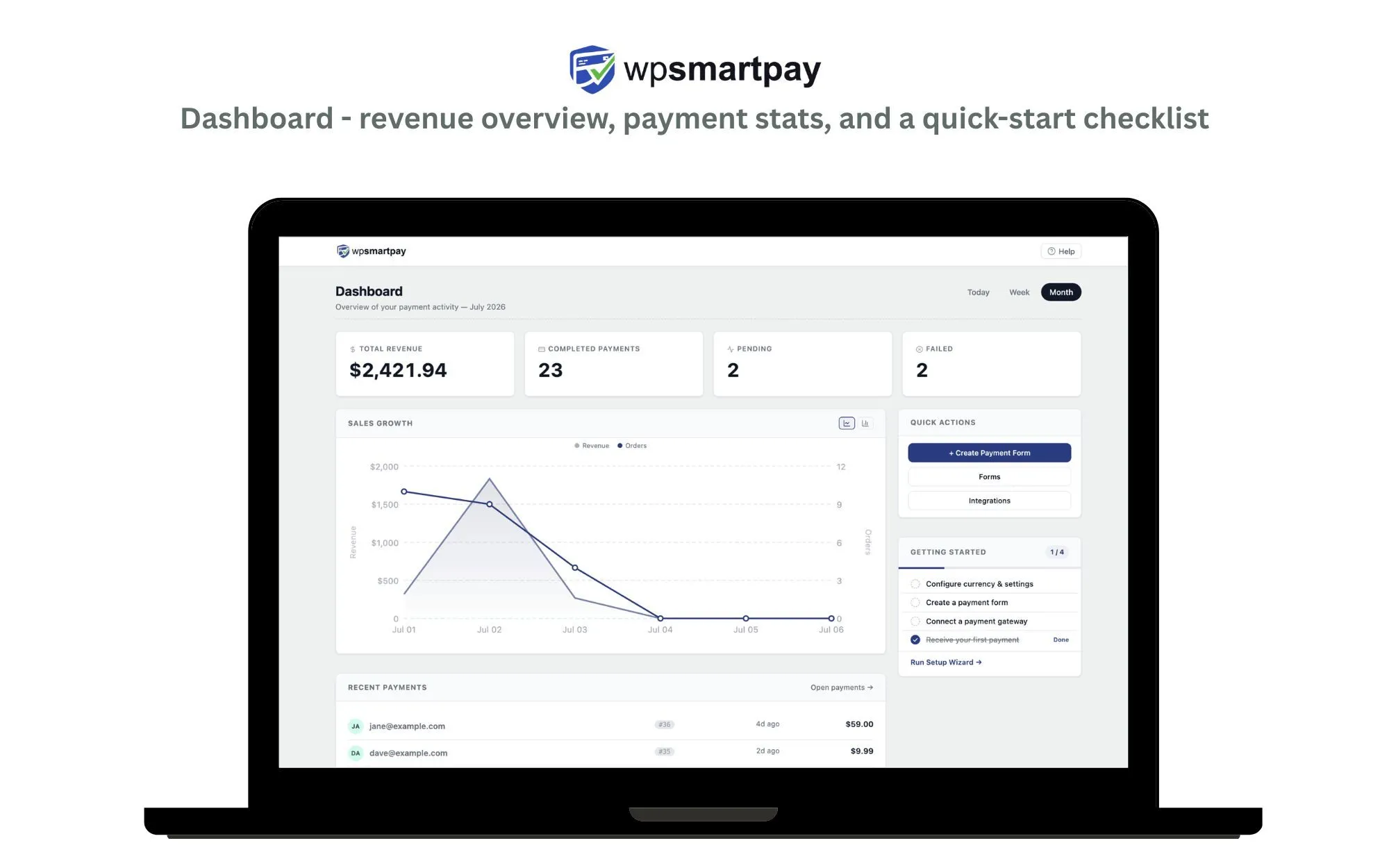 The WP Smart Pay dashboard showing revenue, payment stats, and recent payments