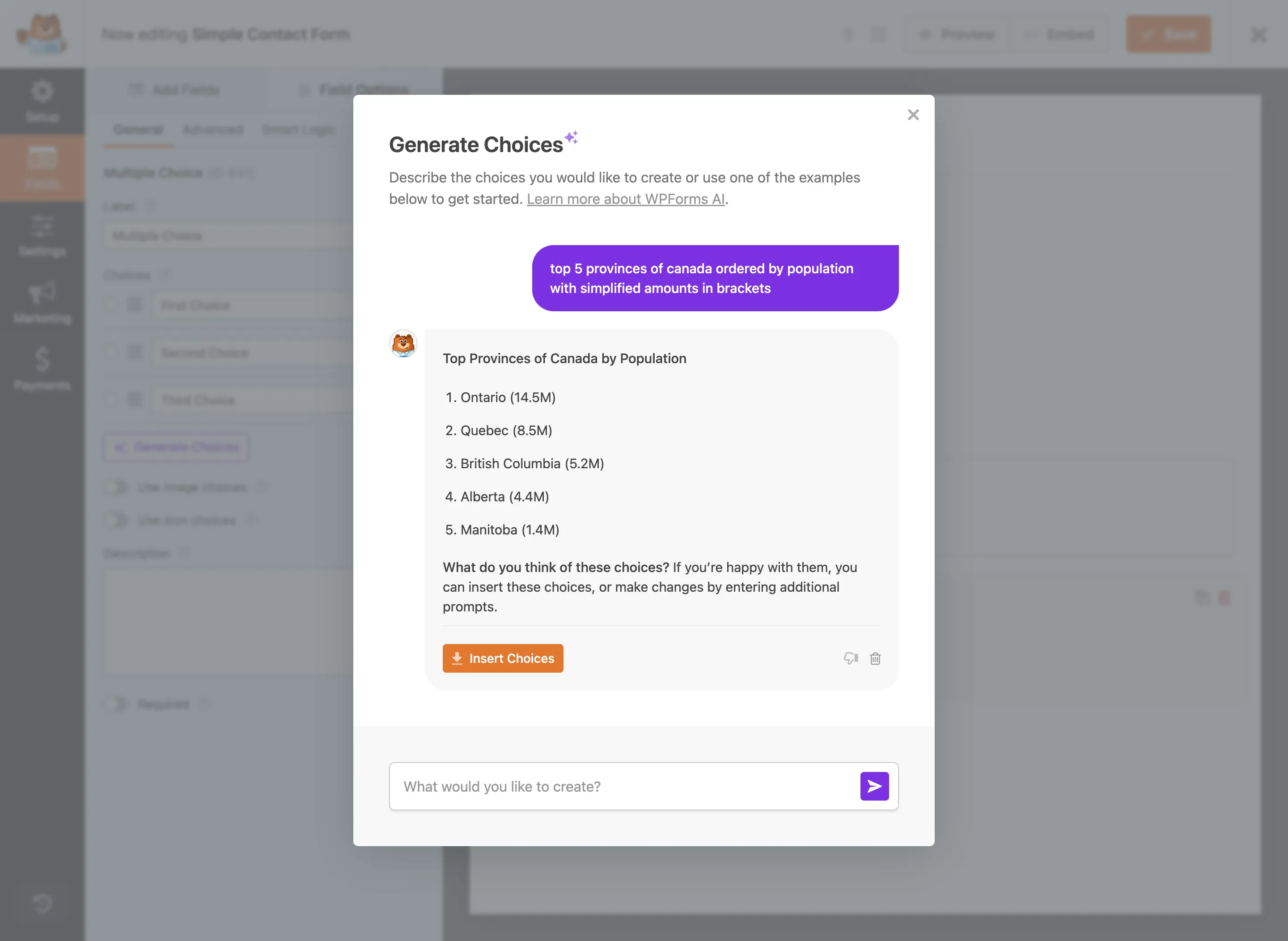 WPForms generating field choices with AI
