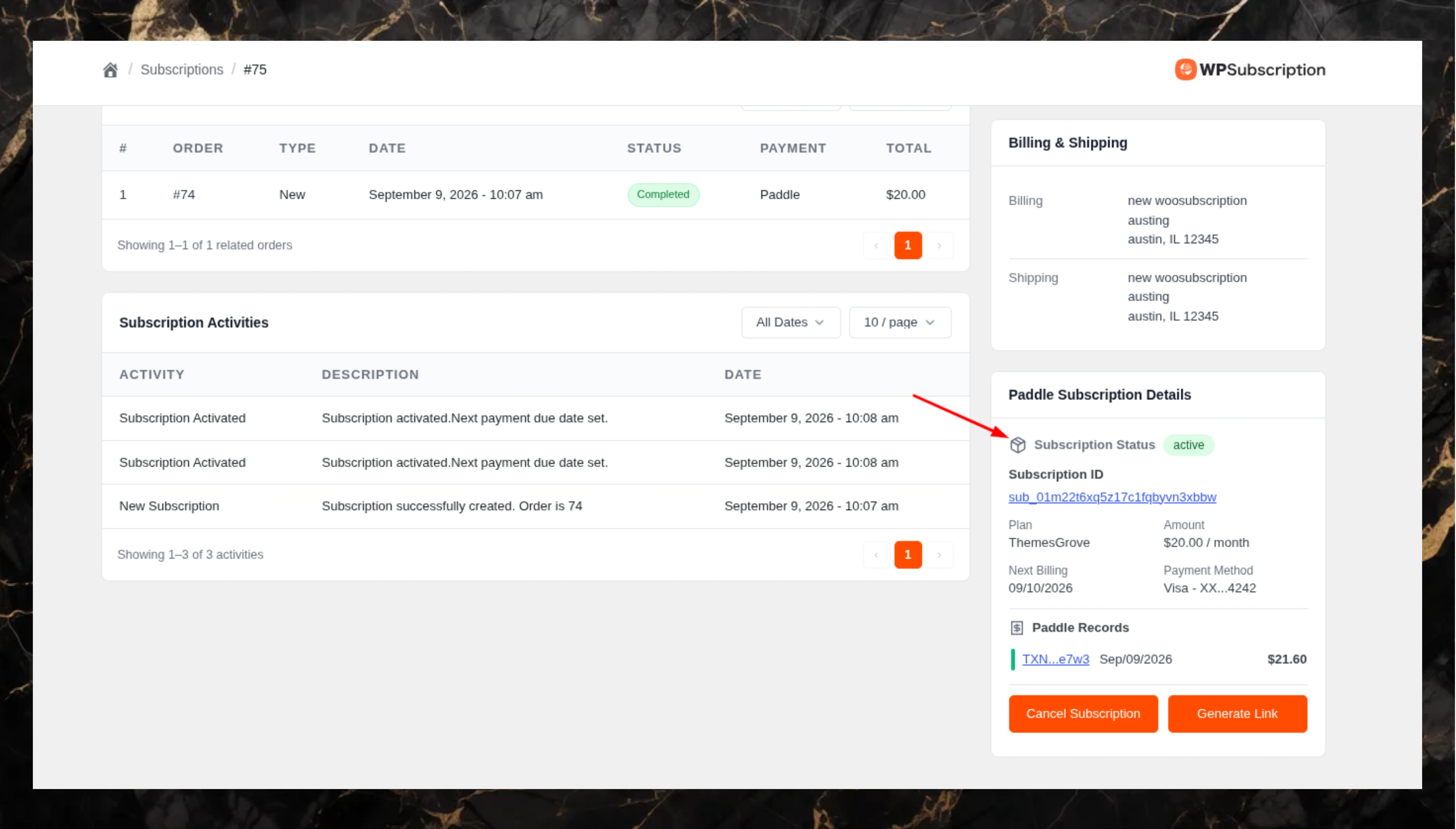 Paddle subscription details and cancel subscription option in WooSubscription and WPSubscription